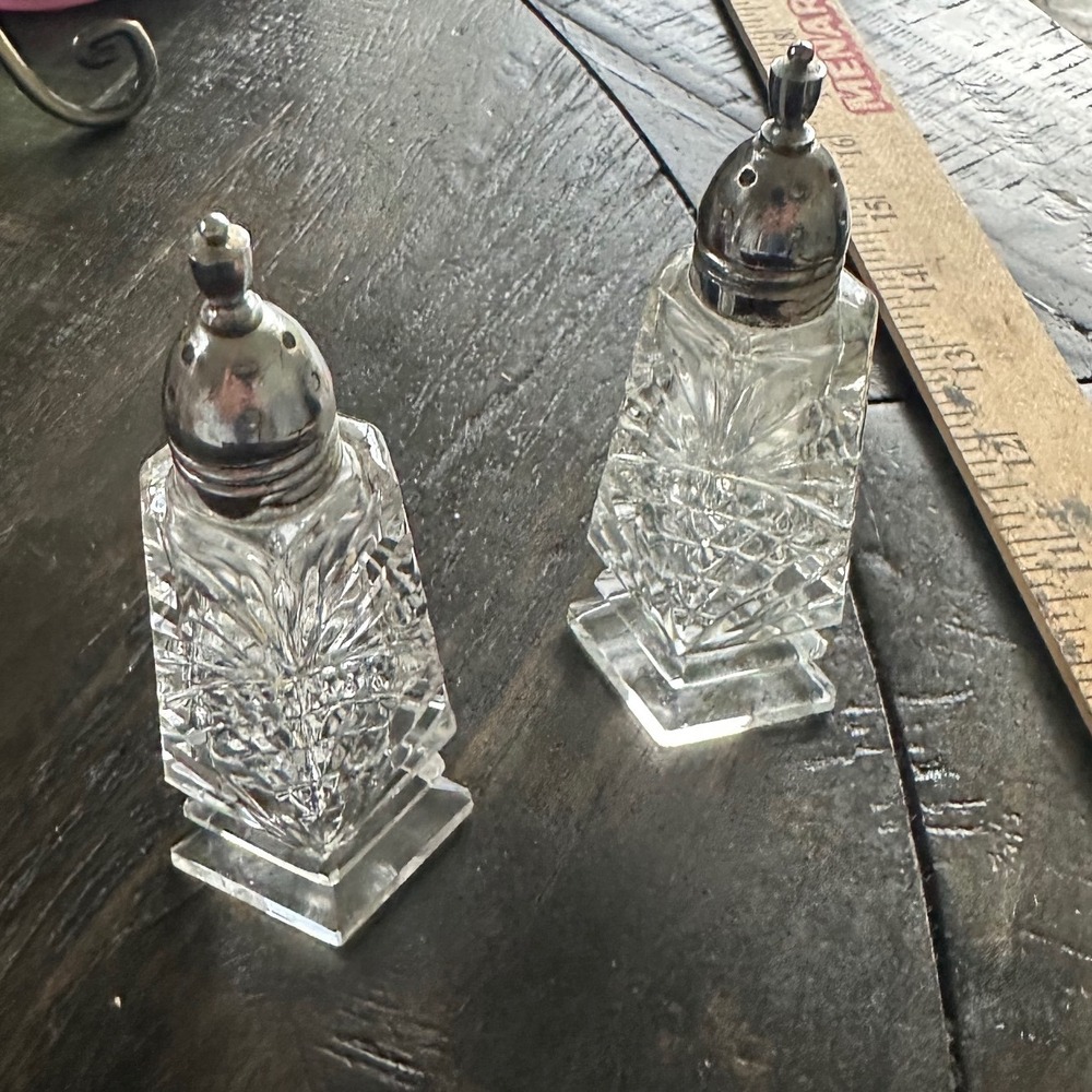 Vintage Cut Glass Salt and Pepper Shakers Set Silver Tone Lids Starburst Pattern